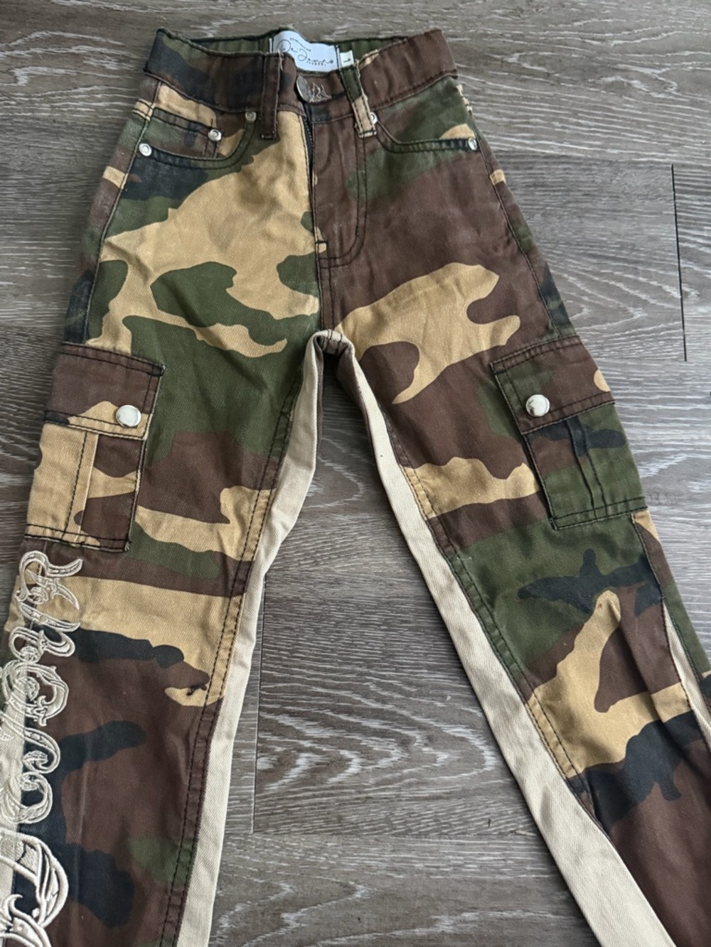 Kids Camo Cargo Jeans with Side Trim - Green/Brown Flare pants - Picture 2 of 4